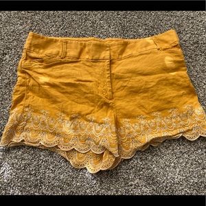 Loft lace high waist bamboo viscose linen yellow gold mustard shorts size 14